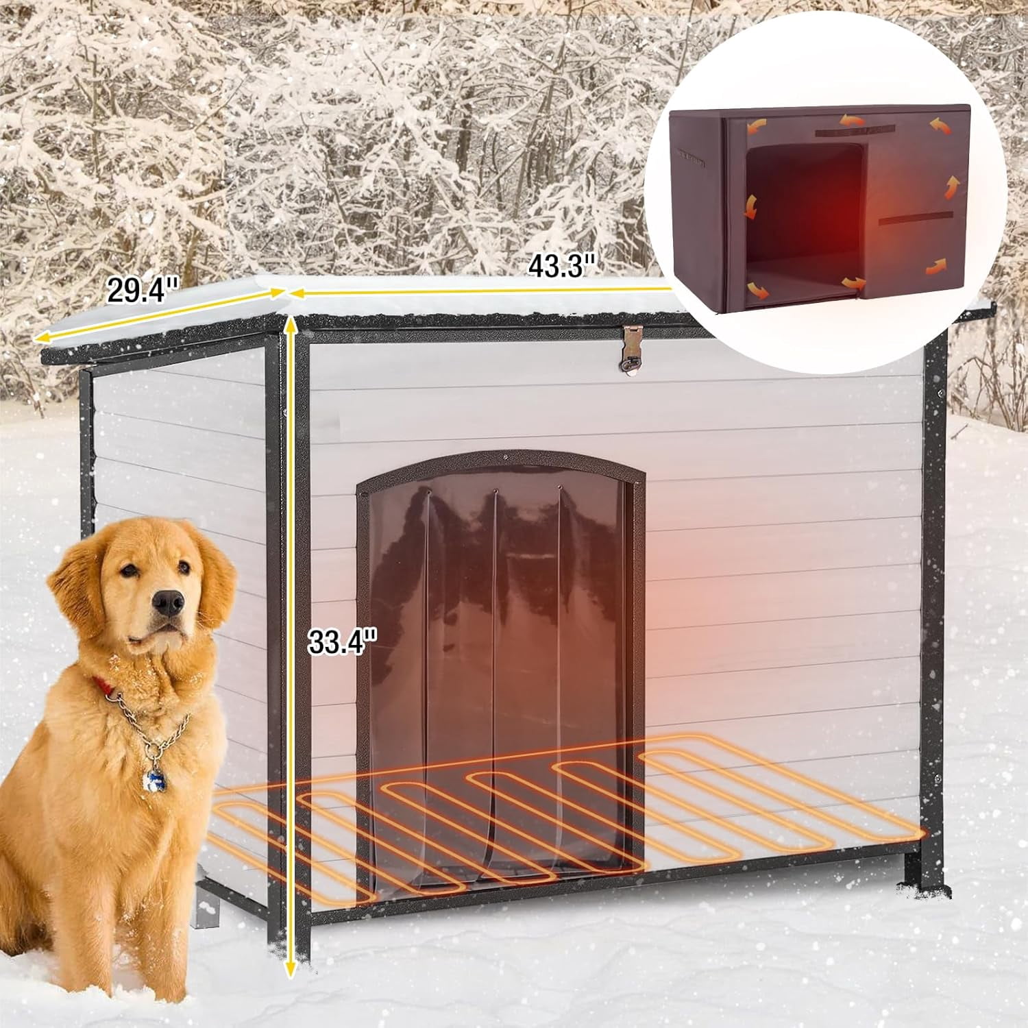 Aivituvin Heated Dog House Outdoor Dog Kennel with Insulated Liner All-Around Iron Frame Large Dog Cage for Small & Medium & Large Dogs,Waterproof(White)