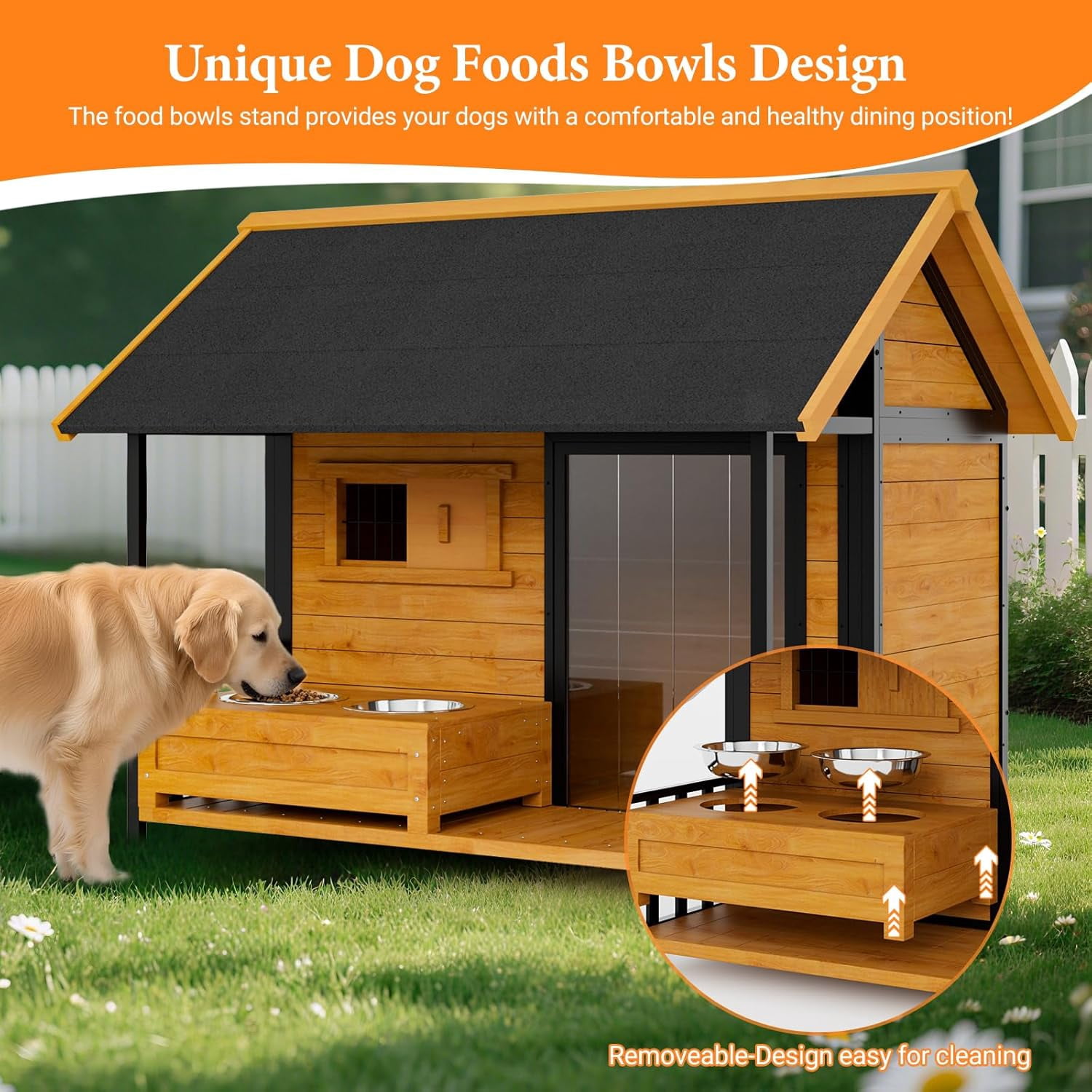 HomeSheek Large Outdoor Dog House with Bowl Stand, Weatherproof Roof & Iron Frame, Easy Assembly, Pet Kennel for Small Medium Large Breeds