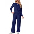 thumbnail image 4 of JWD Women's Off Shoulder 2 Piece Knit Matching Set Long Sleeve Pullover Top with Drawstring Wide Leg Pants Navy Blue XL, 4 of 6