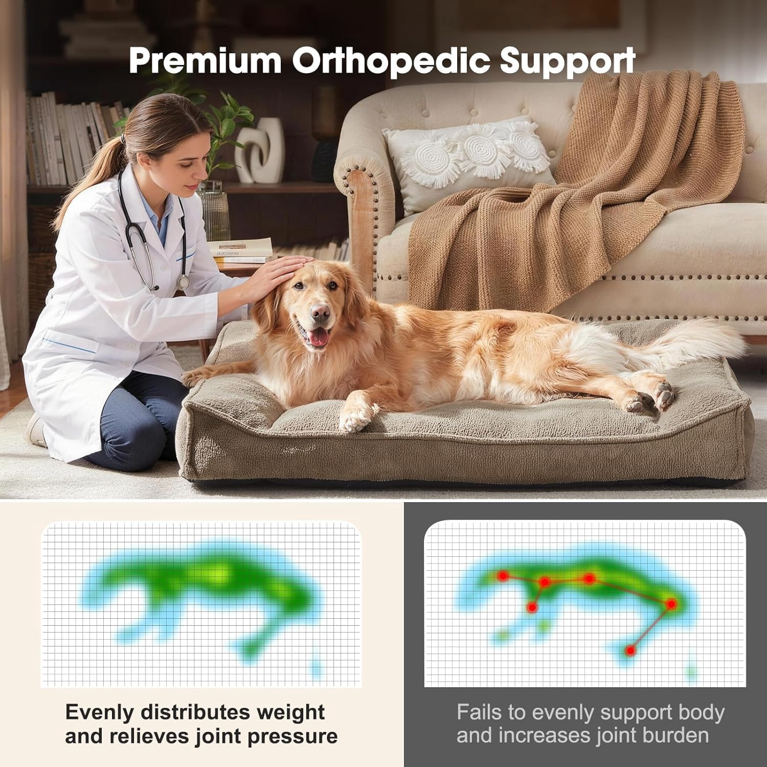 Orthopedic Dog Beds Large Sized Dog, Extra Thick Supportive Comfort Pet Sofa, Ergonomic Slant Dog Couch Bed with Removable Washable Cover, Ultra Soft Surface & Non-Slip Bottom, Brown, 38"