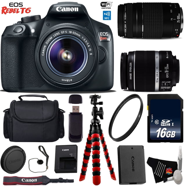Canon EOS Rebel DSLR Camera with 18-55mm is II Lens & 75-300mm III Lens + Flexible Tripod + UV Protection Filter + Professional Case + Card Reader - Intl Model