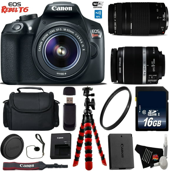 Canon EOS Rebel DSLR Camera with 18-55mm is II Lens & 75-300mm III Lens + Flexible Tripod + UV Protection Filter + Professional Case + Card Reader - Intl Model