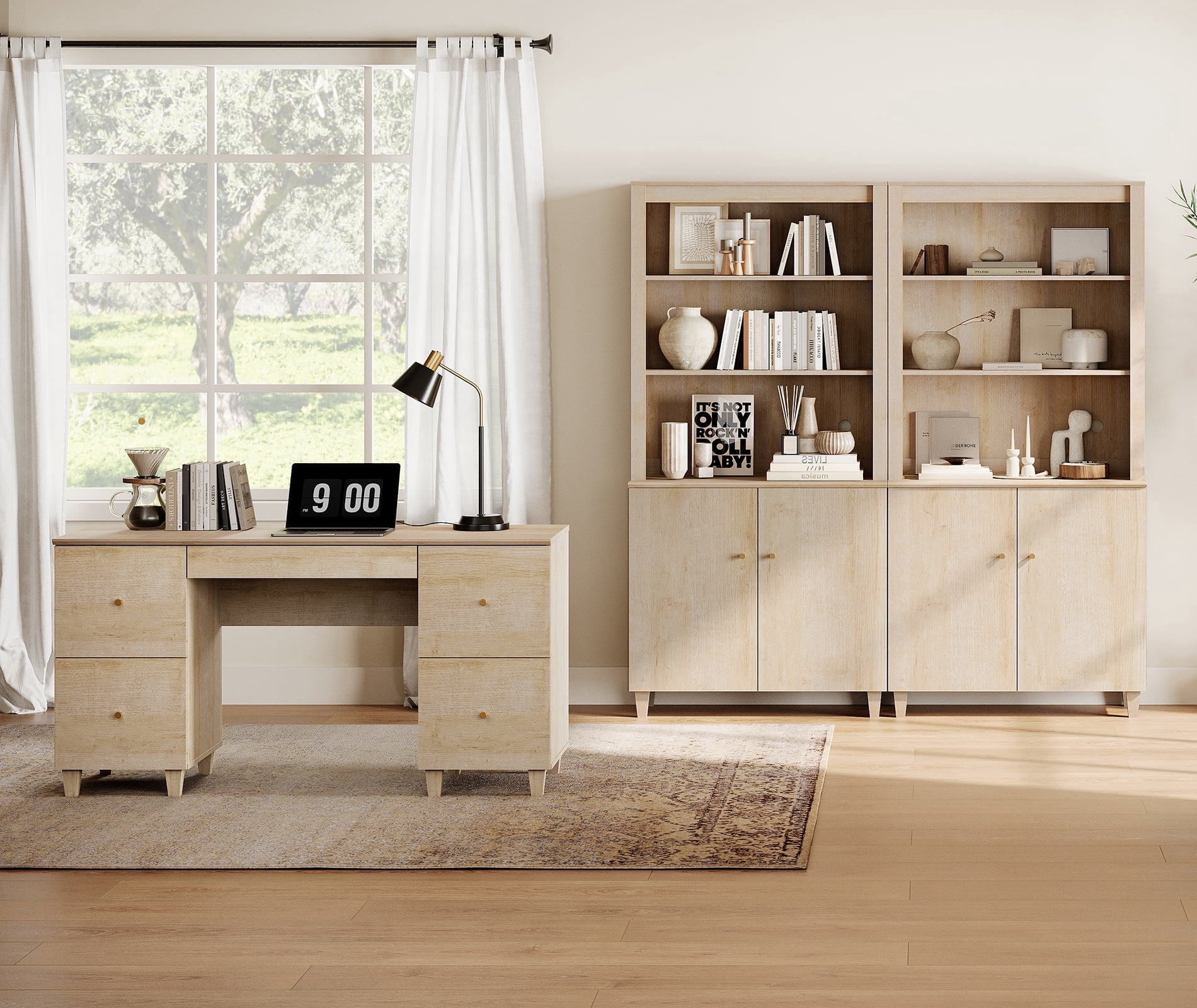 WAMPAT Home Office Furniture Set, 58" Executive Desk with Charging Station and Drawers, 2-Column 71" Tall Bookcase with Doors and Adjustable Shelves for Living Room, Natural Oak