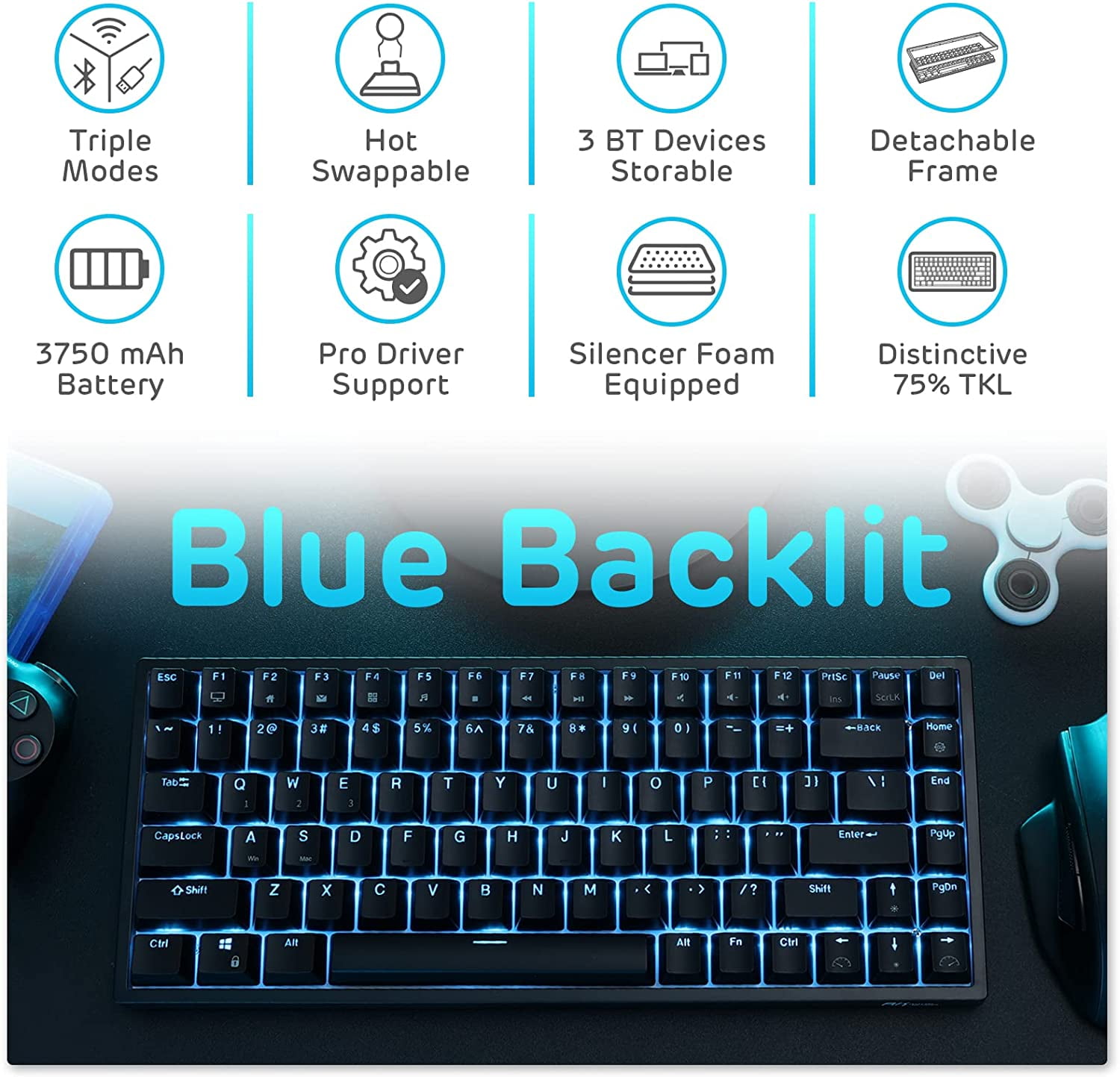 RK ROYAL KLUDGE RK84 Wireless Blue Backlit 75% Triple Mode BT5.0/2.4G/USB-C Hot Swappable Mechanical Keyboard, 84 Keys Tenkeyless Mechanical Keyboard w/Programmable Software, Brown Switch