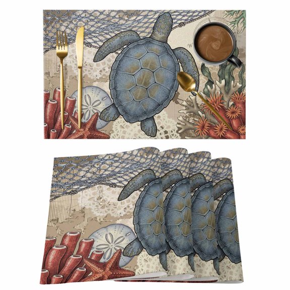 Beach Sea Turtle Starfish Coral Placemats Set of 6,Wipeable Washable Table Mats for Dining Tables, Summer Ocean Nautical Place Mats for Kitchen Event Party Tabletop Decor