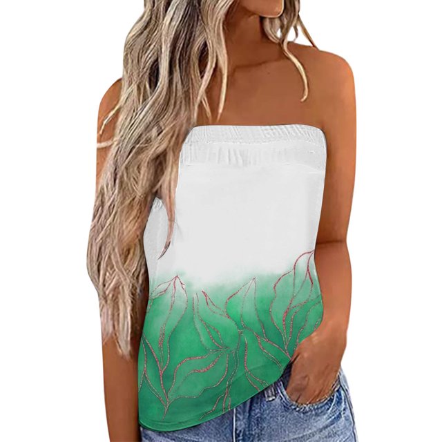 Gibobby Mujeres Pringting sin tirantes Bandeau Tank Casual sin mangas verano vacaciones suelta vacaciones Top camisa blusa mujeres Top(Verde,CH)