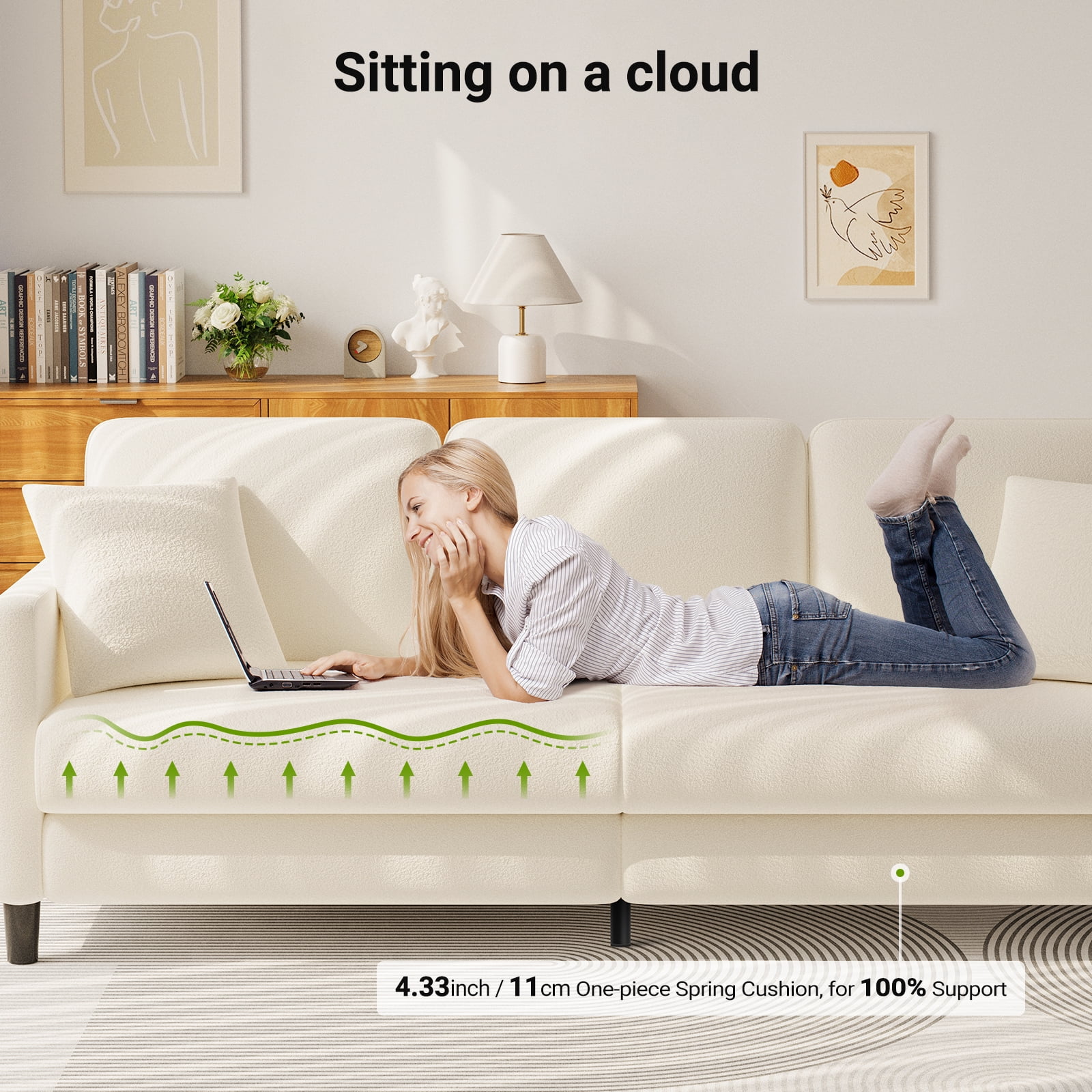 83" Comfortable Upholstered Sofa, 3 Seater Couch for Living Room, Neche Big Loveseat with Extra Deep Seats , 2 Pillows, Beige White