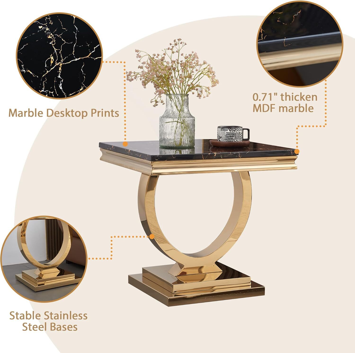 22.83" Square Faux Marble End Table, Modern Marble-Patterned Top with Gold Mirrored Stainless Steel O-Base, for Hallway, Living Room, Bedroom