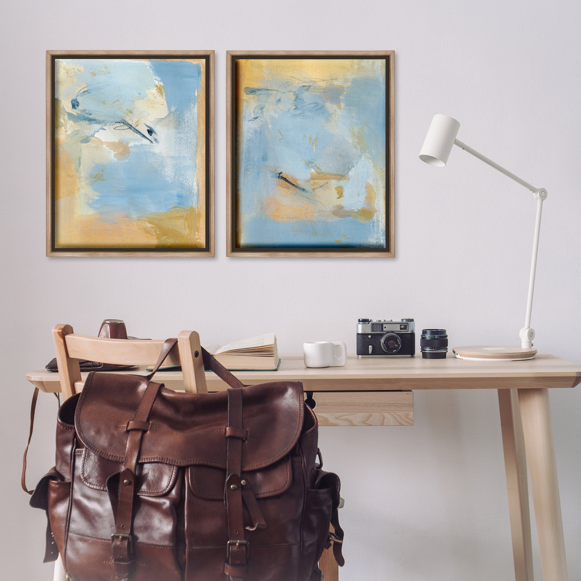 Stupell Industries Light Blue Pastel Gold Abstract Painting Brown Floater Framed Canvas Art Print Wall Art, 31 x 25, Set of 2