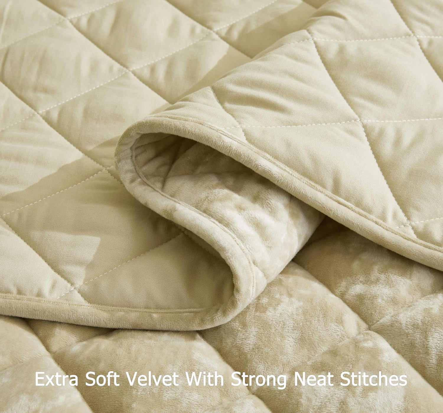 Chezmoi Collection Lux Beige Velvet Quilt Queen Set, 3-Piece Lush Plush Distressed Velvet Bedding All Season Lightweight Bedspread Brushed Microfiber Reverse with Diamond Stitch Quilting