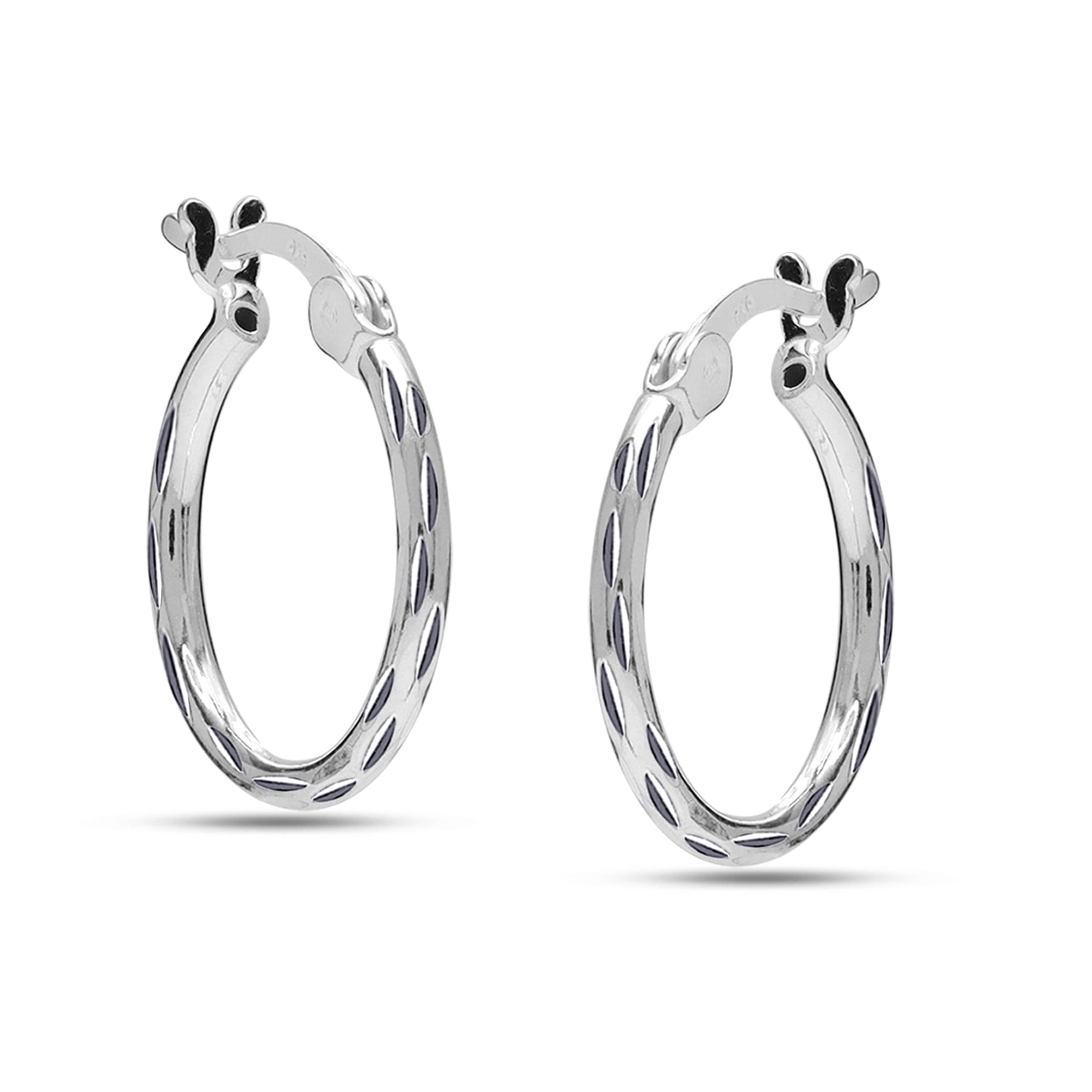 LeCalla 925 Sterling Silver Hoop Earrings for Women | Small Classic Diamond-Cut Textured Hoops Earring | Womens Click-Top Earring Hoop 25MM