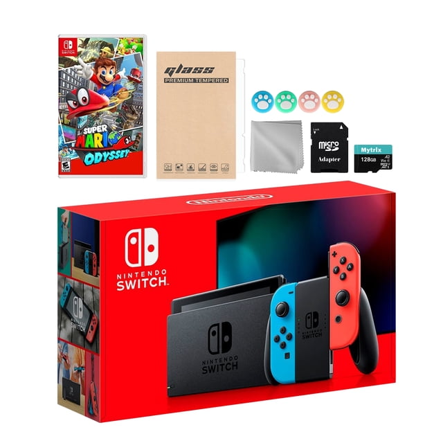 Nintendo Switch Neon Red Blue Joy-Con Console Set, Bundle With Super Mario Odyssey And Mytrix Accessories Nintendo HADSKEAAA