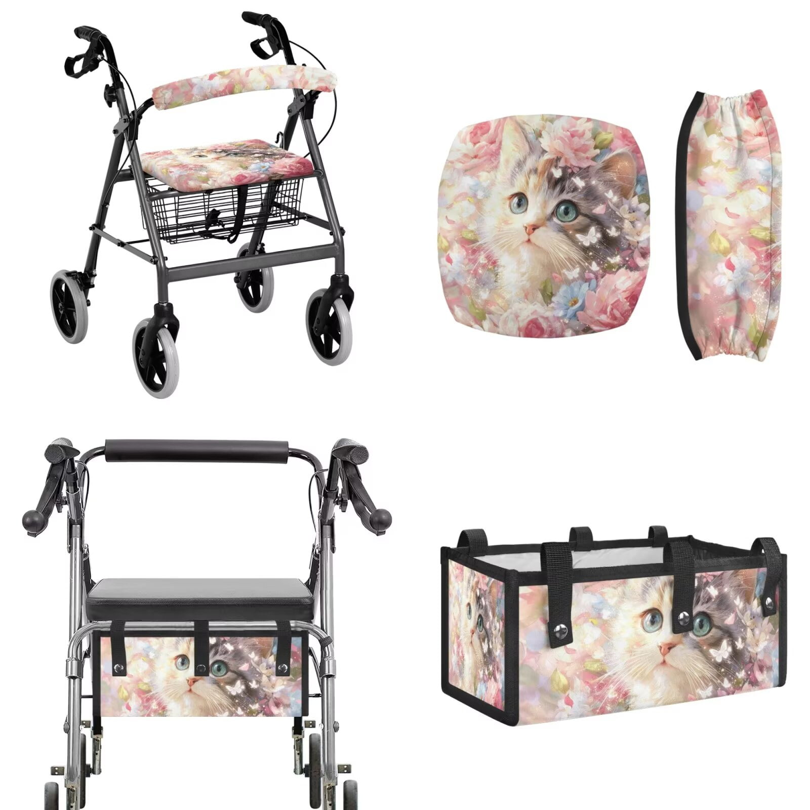 COEQINE Rollator Walker Seat and Backrest Covers with Storage Bag 3 Pieces Set, Universal Washable Rollator Walker Accessories Gifts for Seniors Ladies, Dreamy Cat Rose Butterfly
