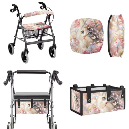 COEQINE Rollator Walker Seat and Backrest Covers with Storage Bag 3 Pieces Set, Universal Washable Rollator Walker Accessories Gifts for Seniors Ladies, Dreamy Cat Rose Butterfly