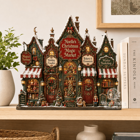 Wooden Block Christmas Market Wood Tabletop Display for Holiday Shelf Styling
