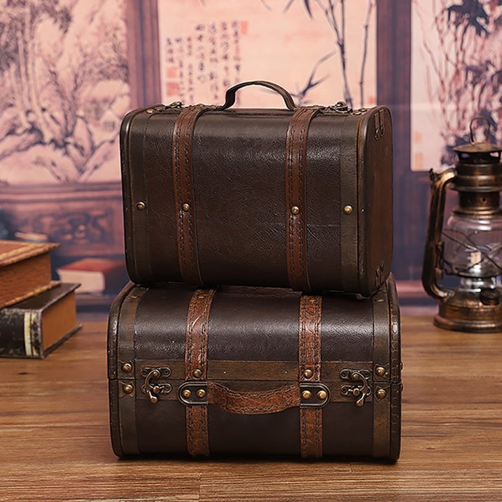 vintage Suitcase Wood Leather Finished Antique Storage Box Decorative Luggage for Photography Props Home Decoration