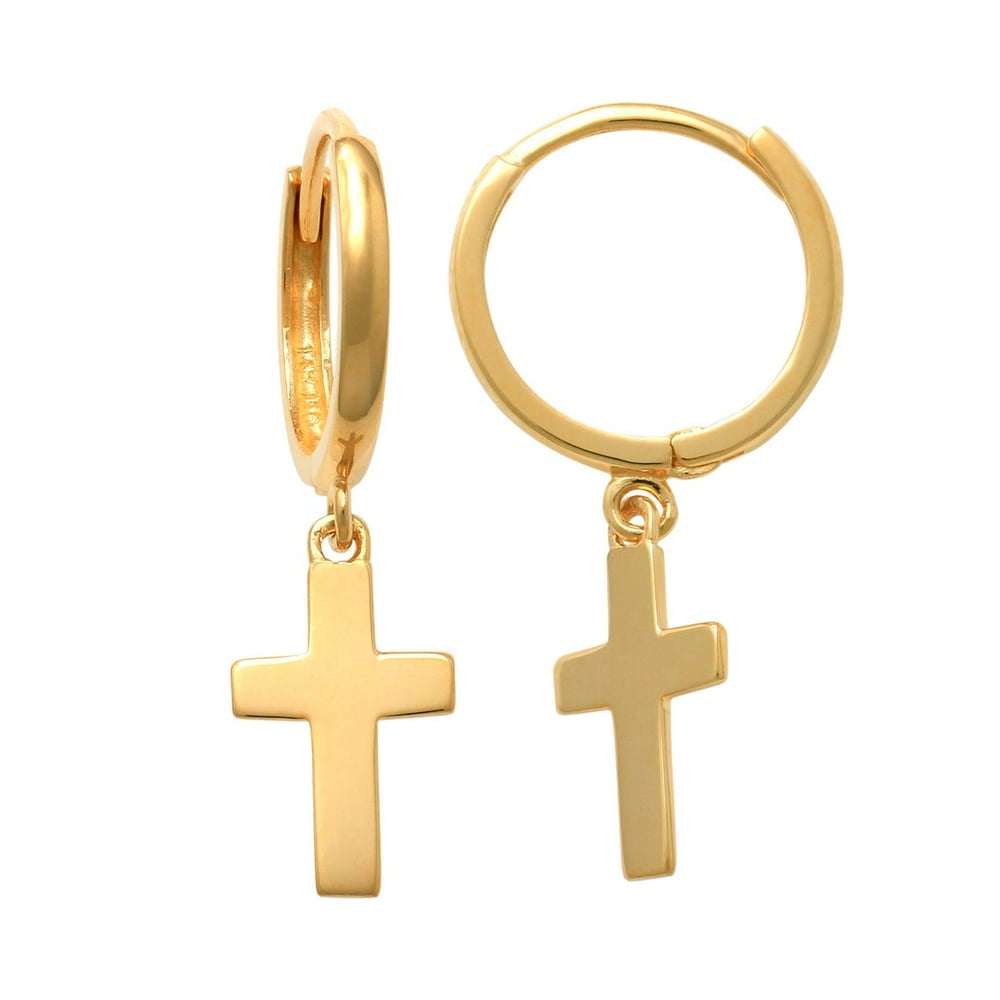 Anygolds - Anygolds 14K Real Solid Gold Cross Huggie Hoop Earrings ...