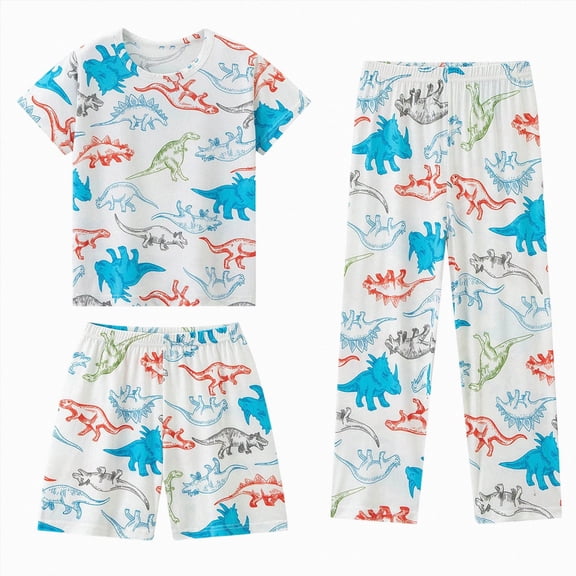 JUMEYU Boys Pajama Set 3 Piece Short Sleeve Shirt Shorts & Pants Kids Sleepwear PJs 2T 3T (Sky Blue,2-3 Years)