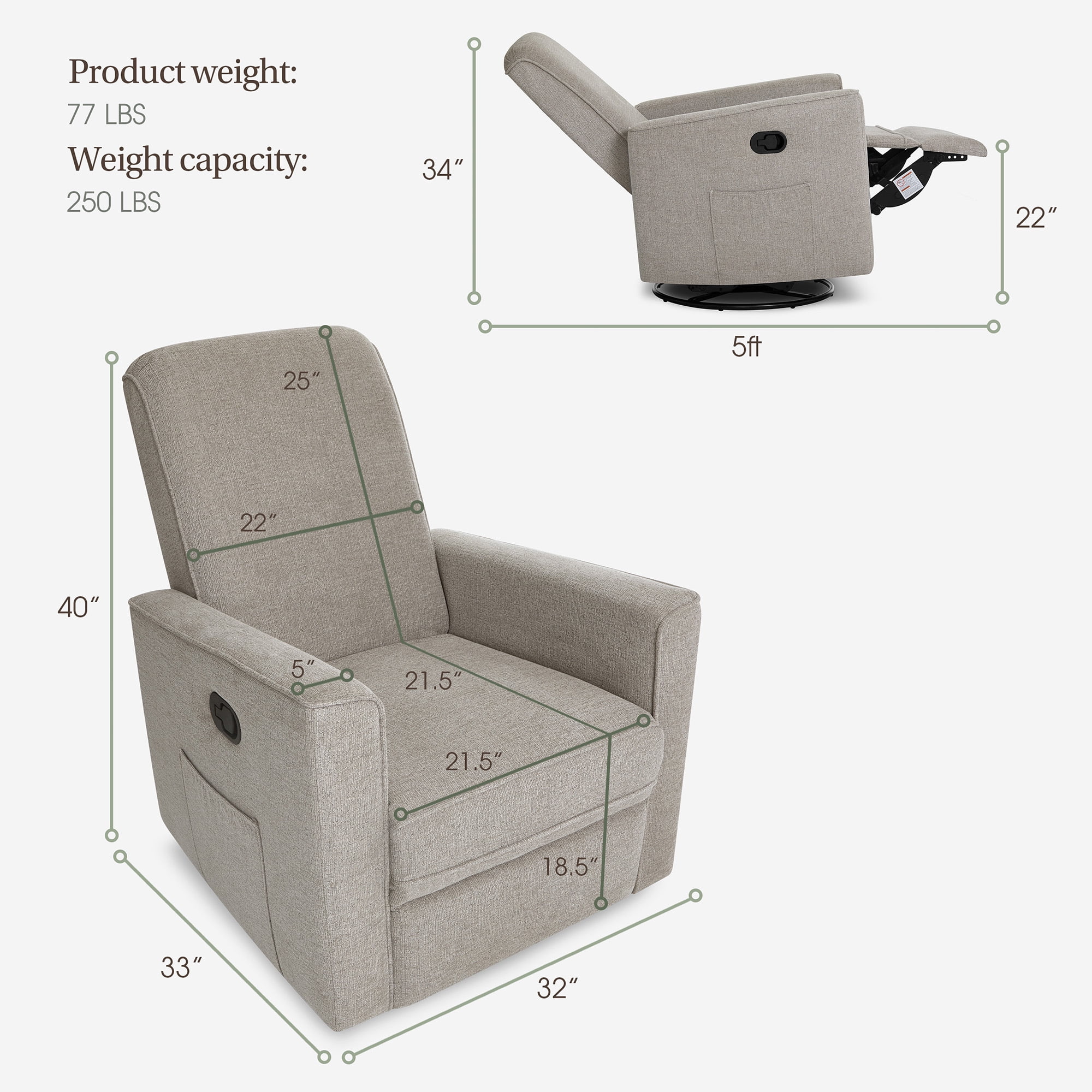 Evolur Raleigh Basic Glider |Recliner| Rocker, Warm Sand