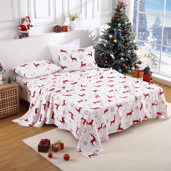 COZONY Christmas Flannel Sheets King, 100% Cotton, Deep Pocket, Soft Brushed Red Christmas Deer Bed Sheet Set