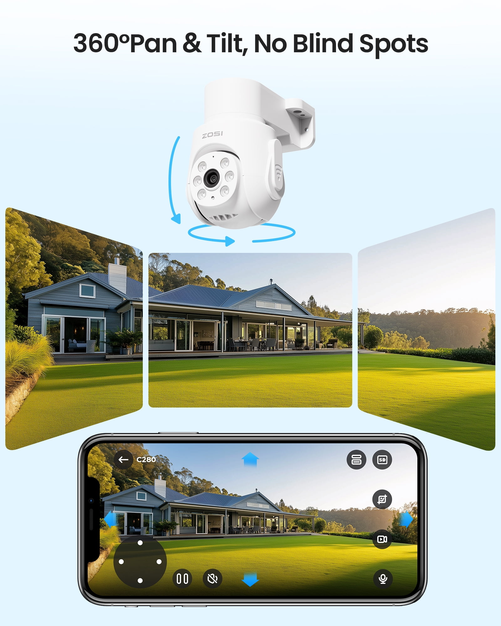 ZOSI 1080P 360°View Security Camera System with One Way Audio, 5MP H.265+ 8CH DVR, 4pcs 2MP Pan/Tilt Outdoor Security Camera, Human Vehicle Detection, IR Night Vision, Home Security,No Hard Drive