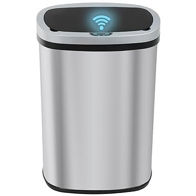 BestOffice 13 Gallon Touchless Automatic Trash Can with a stainless steel body and black lid, featuring a touchless automatic sensor for hands-free operation. The 50L high-capacity waste bin is designed for home and office use, with a fingerprint-resistant finish and a quiet close lid. The removable inner bucket allows for easy cleaning and waste disposal.