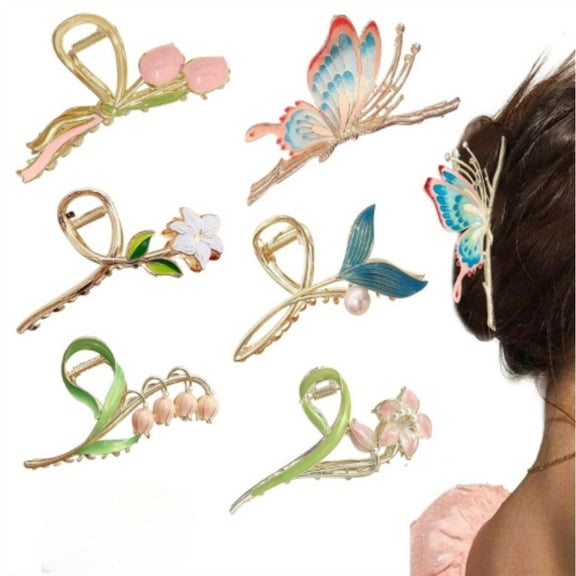 6Pcs Large Strong Metal Hair Claws: Non-Slip 3D Floral Design, Sparkly Butterfly & Mermaid Clips for Thick Hair, Perfect for Parties & Daily Use