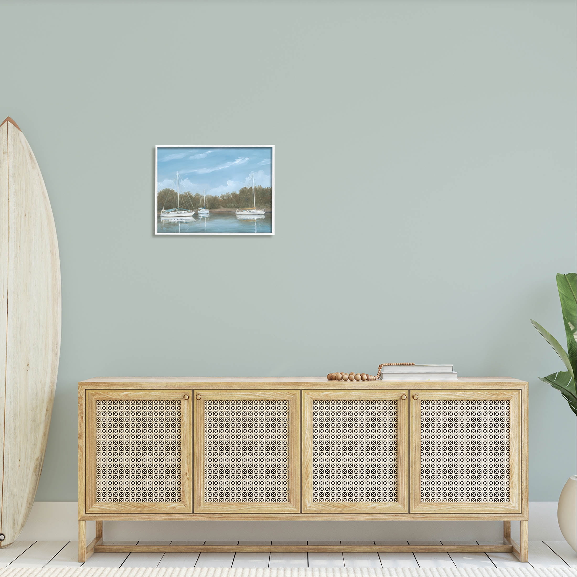 Drifting Boats Nautical Marina Landscape Painting White Framed Art Print Wall Art