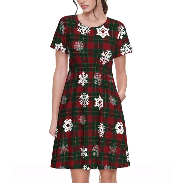 Balery Plaid Snowflakes Festive Vestidos sueltos de manga corta para mujer, vestidos de verano 2025, vestidos casuales de corte A con vuelo.