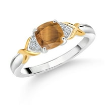 Gem Stone King 925 Silver and 10K Yellow Gold Brown Tiger Eye and White Lab Grown Diamond Engagement Ring for Women (1.03 Cttw, Gemstone Birthstone, Available in Size 5, 6, 7, 8, 9)