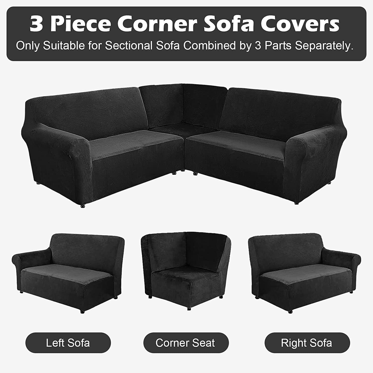 TOPCHANCES 3-Piece Velvet Recliner Sofa Covers, 7 Seat L-Shaped Corner Sofa Covers, Stretch Sectional Couch Slipcover ( Black )
