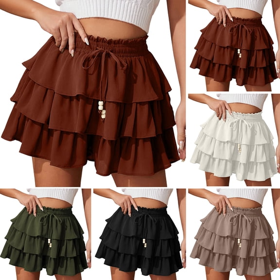 larppty Women's Multi-Layered Ruffle Skort with Beaded Drawstring - High Waisted Flowy Mini Skort for Country Concert, Golf, Tennis, Teen Girls & Casual Wear(Black, XL)