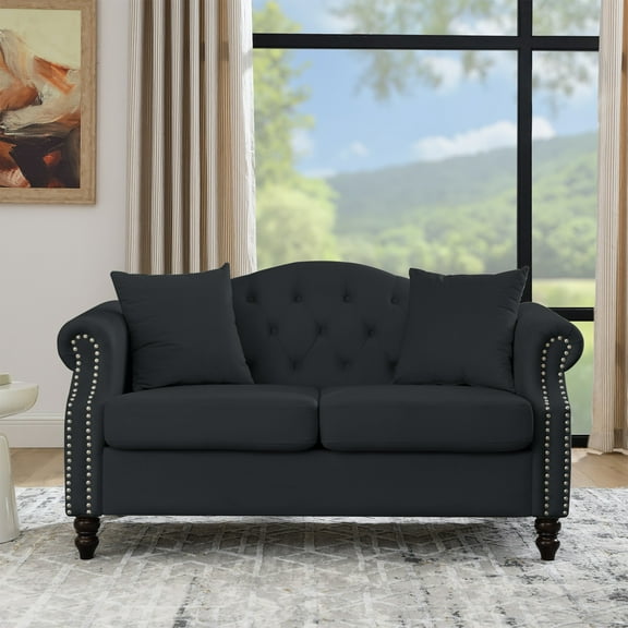 57" Chesterfield Sofa Black Velvet for Living Room, 2 Seater Sofa Tufted Couch with Rolled Arms and Nailhead for Living Room, Bedroom, Office, Apartment, Two Pillows (Black)
