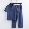 thumbnail image 2 of Stamzod Men's 2 Piece Linen Set Short Sleeve Button V Neck Shirt and Drawstring Waist Pant Sets Solid Plus Size Vacation Beach Yoga Outfits, 2 of 7