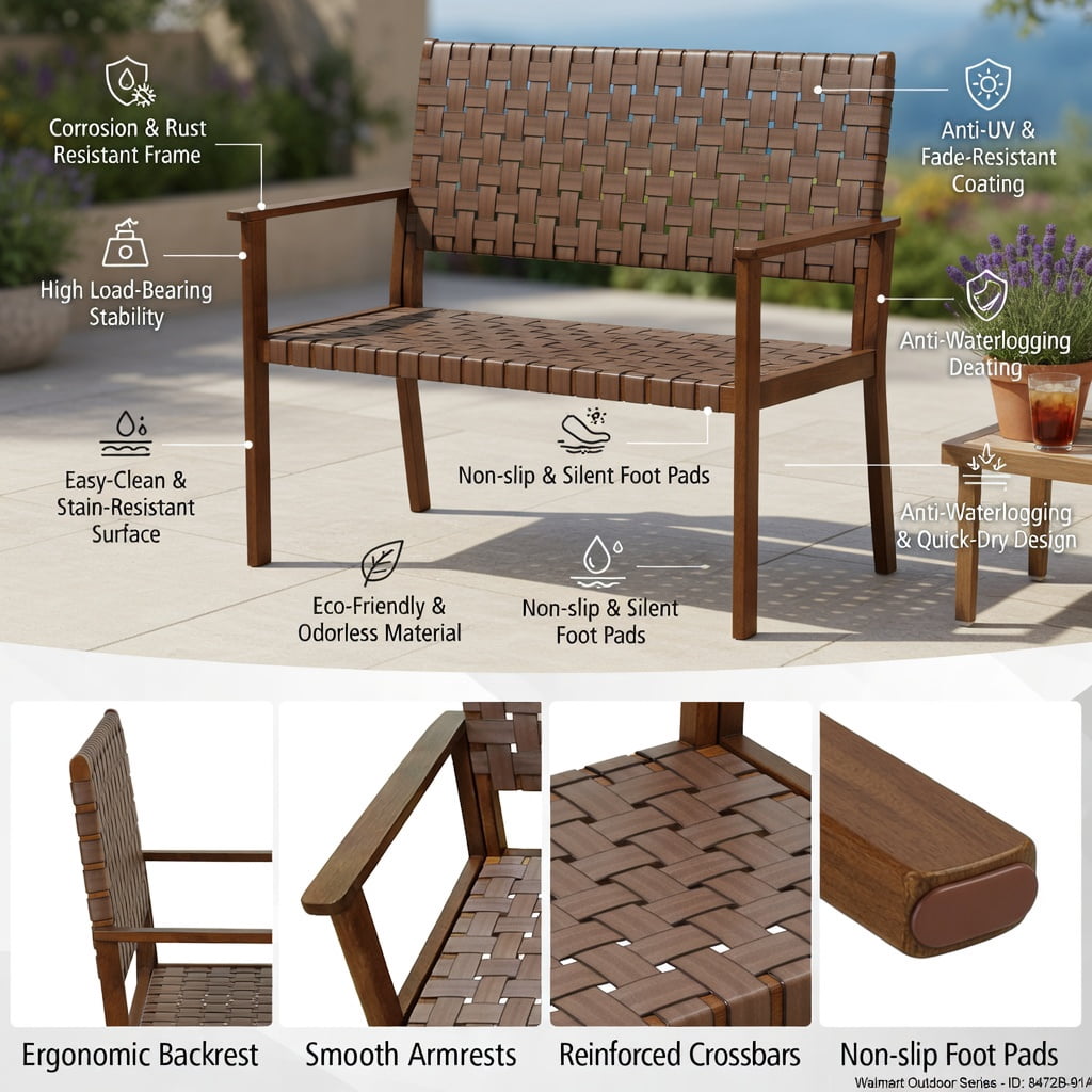 Hommoo All-Weather Outdoor Bench, Hand-Woven PU Leather Seat, Solid Rubber Wood Frame, Natural