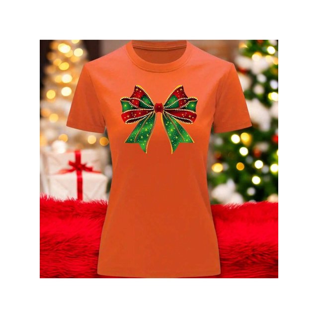 Playera Blusa Con Estampado De Moño Navideño Ropa Para Mujer Color Anaranjado Talla Chica Marca Emil SaEs