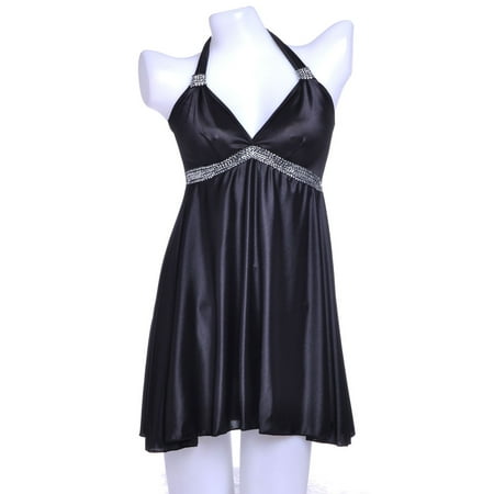 Black Negligee - Anna-Kaci S/M Fit Black Modern Girl Iridescent Metallic Zig Zag Trim Negligee