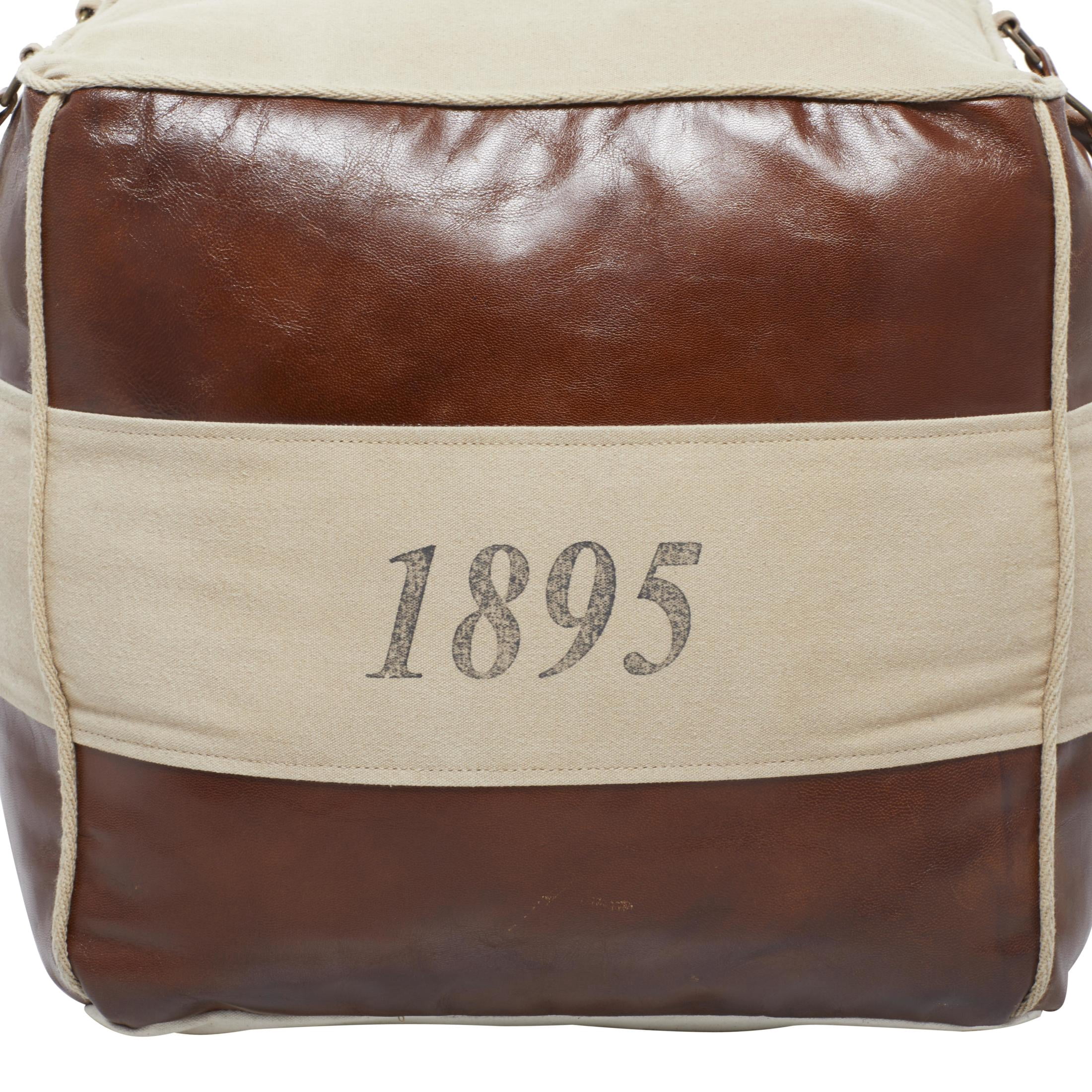 DecMode Stripes Brown Canvas Text Pouf with Leather Accents