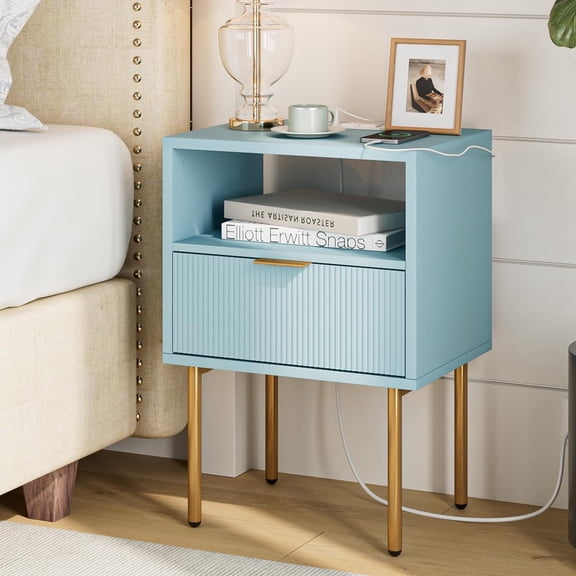 Nightstand with Charging Station,Mid-Century Modern Bedside Table with Storage Drawer and Open Wood Shelf,Small Gold Frame Side Table for Bedroom,Living Room