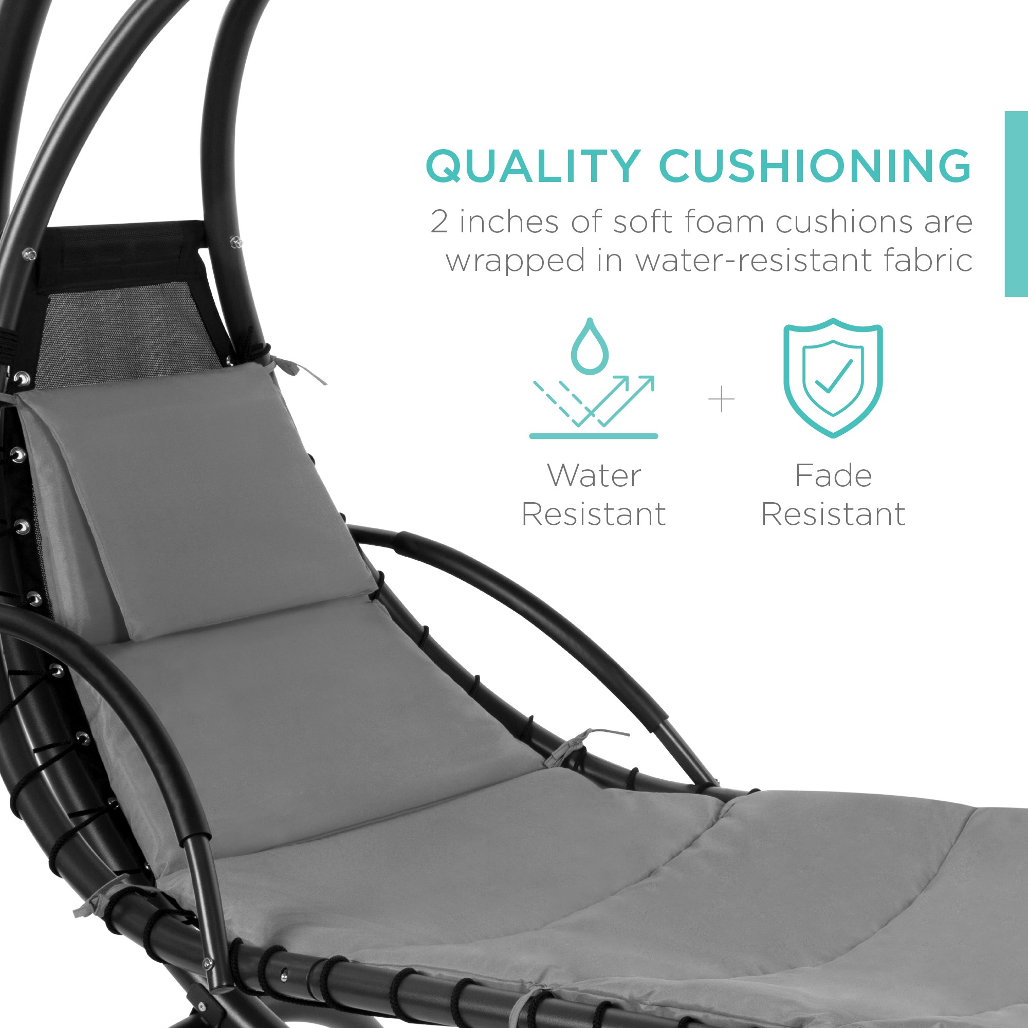 Best Choice Products Hanging Curved Chaise Lounge Chair Swing for Backyard w/ Pillow, Shade, Stand - Charcoal Gray - image 5 of 8