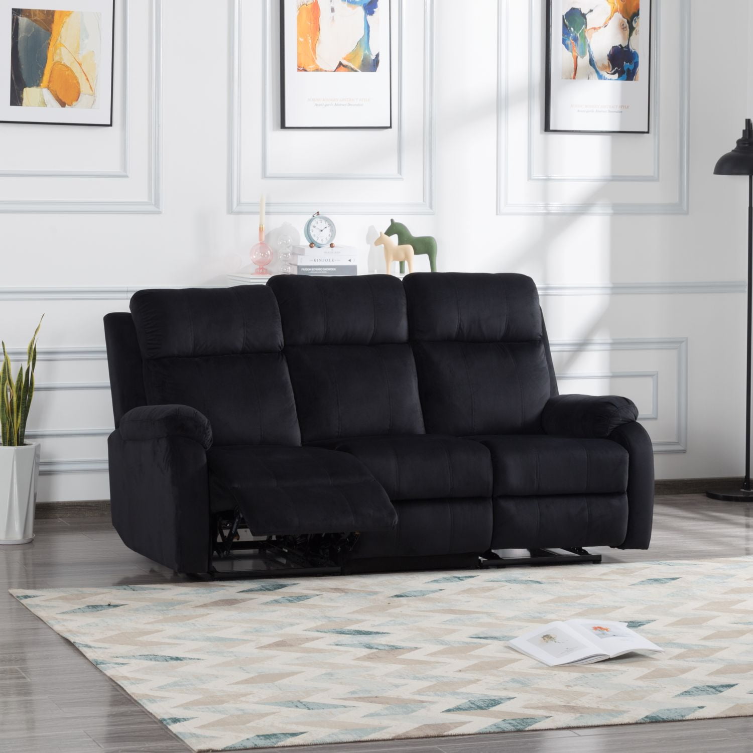 DEALTOPS 3-Piece Velvet Recliner Sofa for Living Room Set Reclining Couch Sofa Chair For Living Room Set with 5 Reclining Seats - Black
