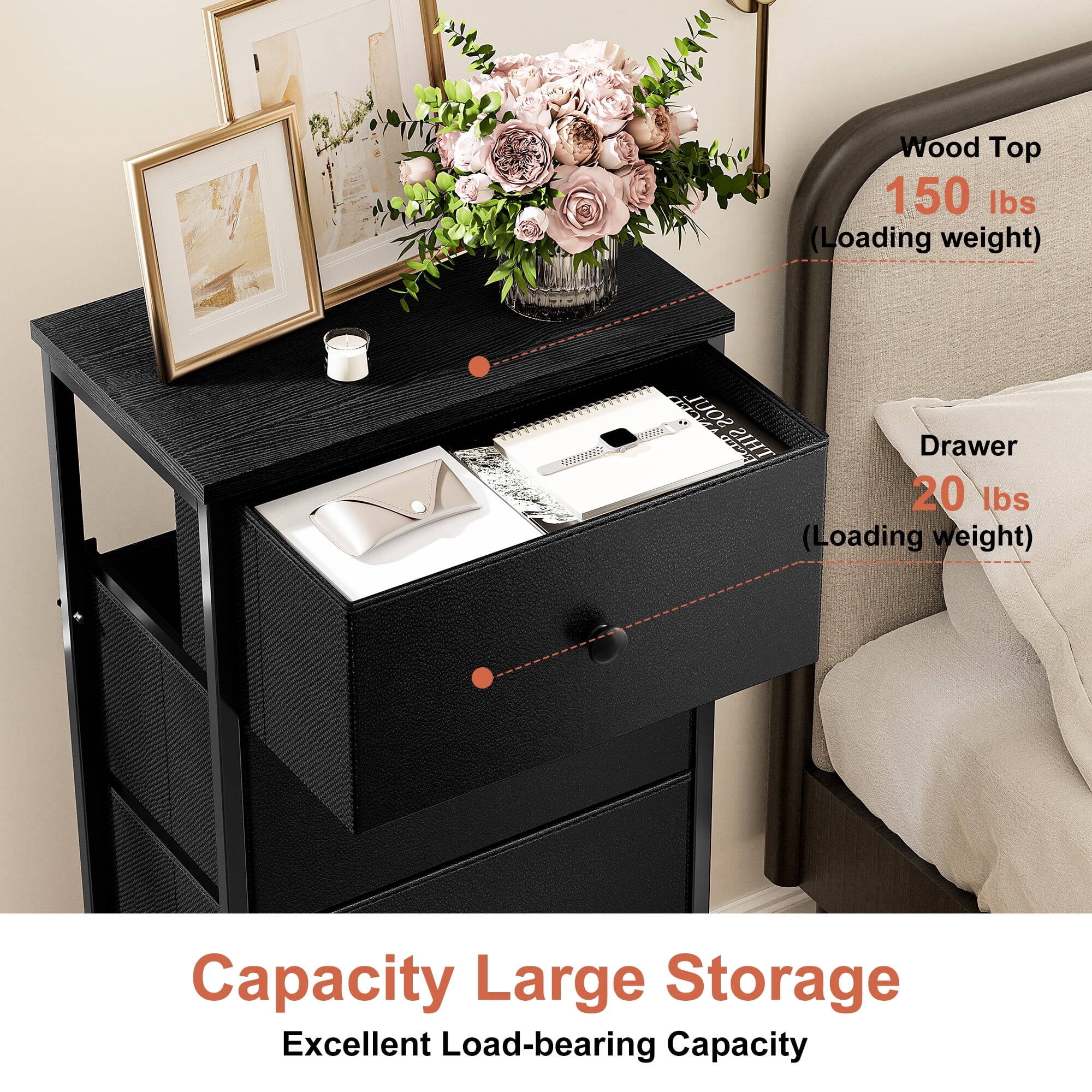 GUNAITO 5 Drawer Dresser for Bedroom Tall Narrow Chest of Drawers Fabric Storage Dresser for Adults,Black