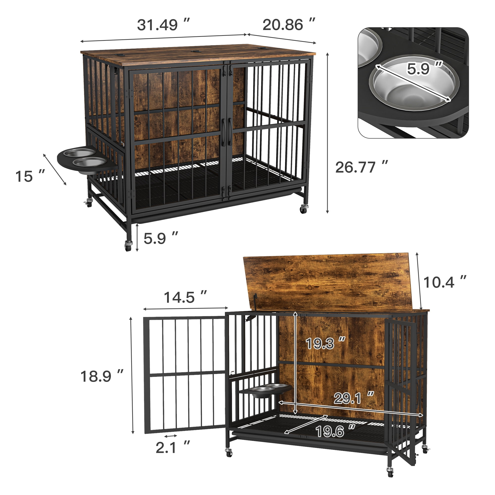 Pefilos 31" Dog Crate with Feeding Bowl, Wheels, Flip-Up Top Opening Kennel with Trays, Furniture Style Dog Cage for Indoor Dogs, Brown Pefilos 31" Dog Crate with Feeding Bowl, Wheels, Flip-Up Top Opening Kennel with Trays, Furniture Style Dog Cage for Indoor Dogs, Brown