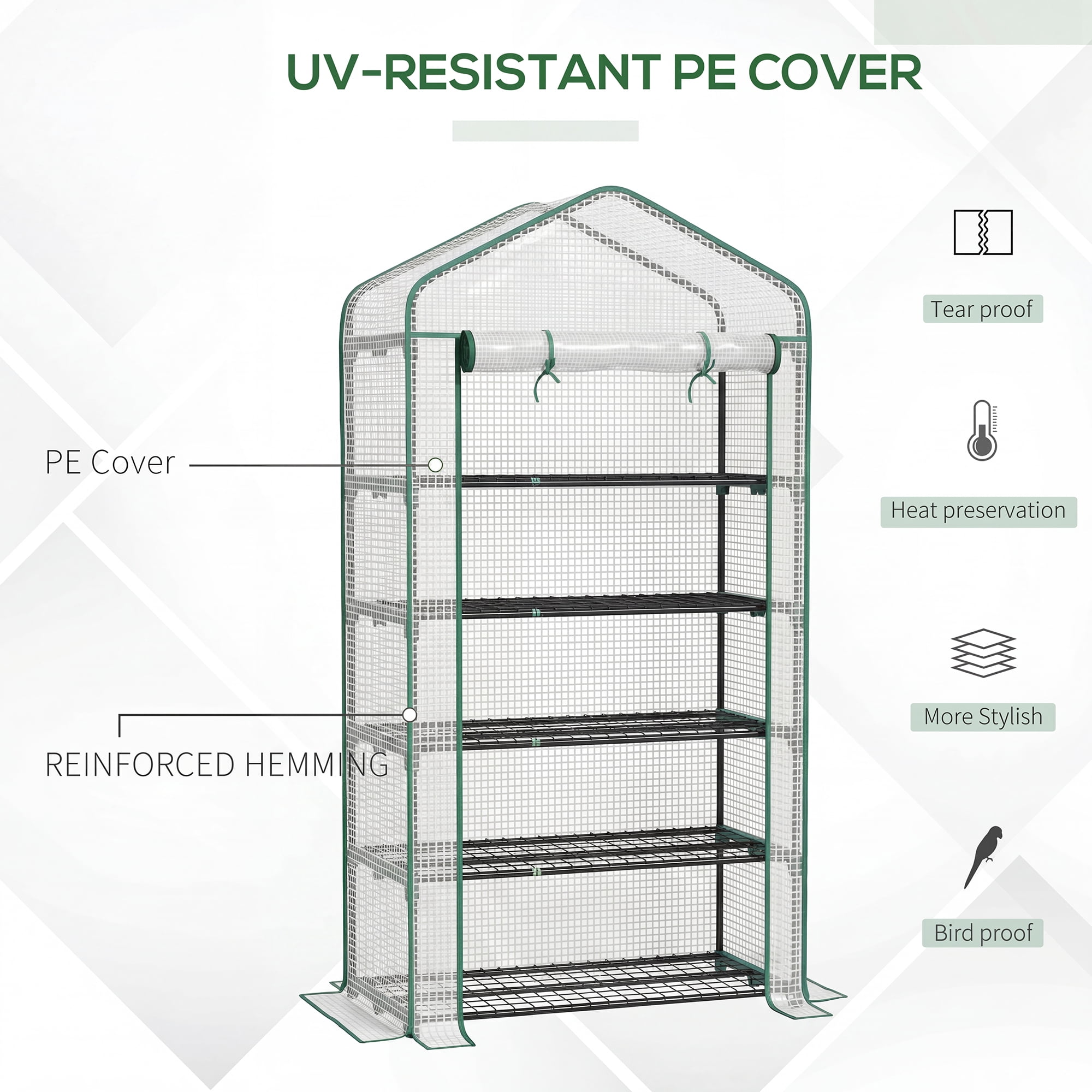 Outsunny 5 Tier Mini Greenhouse with Reinforced PE Cover, Small Portable Greenhouse with Roll-Up Zippered Door, White