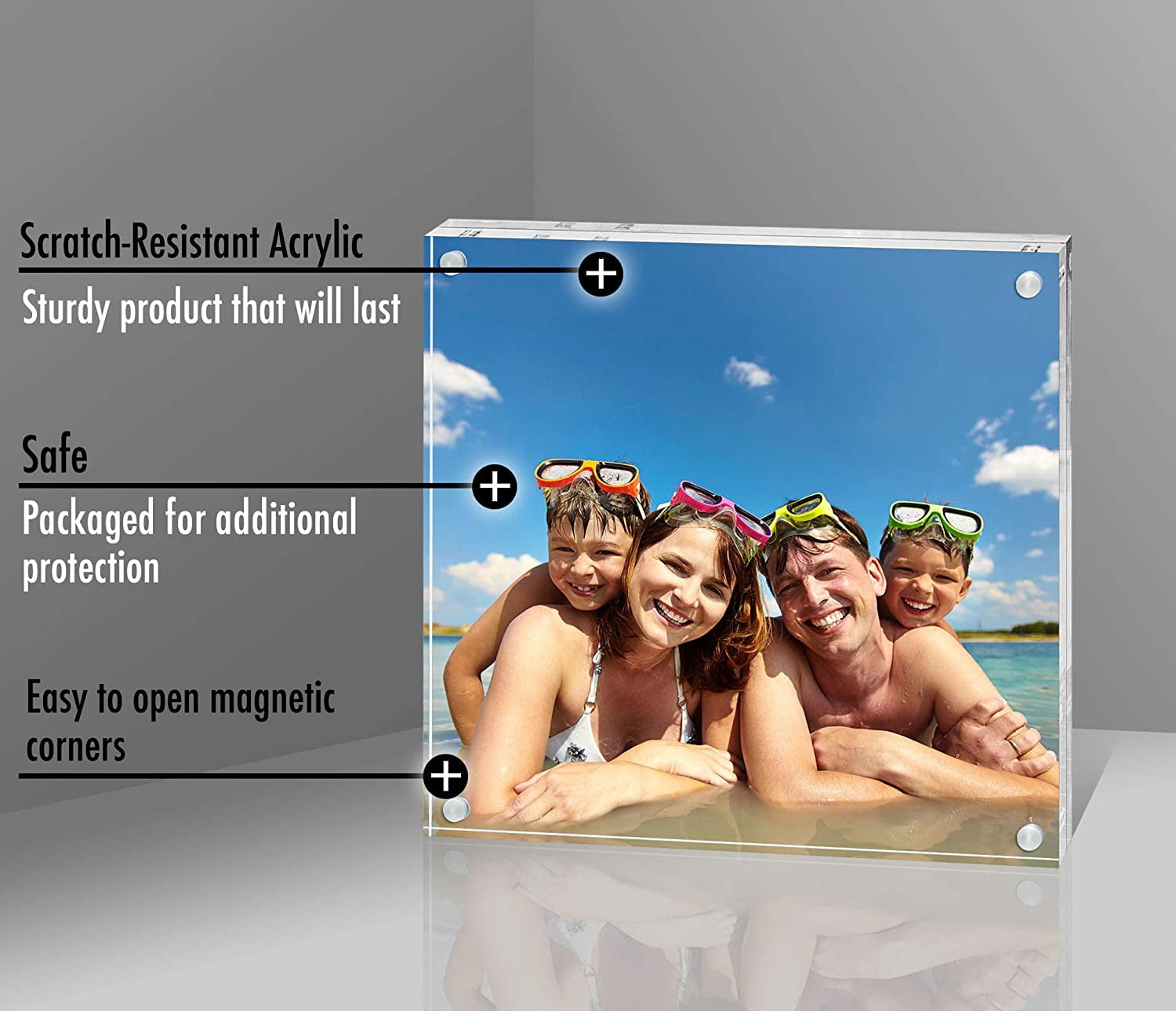 Americanflat 8x8 Acrylic Frame, transparent and scratch-resistant quality, free-standing frame for tabletop