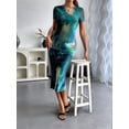thumbnail image 5 of Women'S Tie Dye Crew Neck Hem Bodycon Short Sleves Dress Long Dresses Green S, 5 of 6