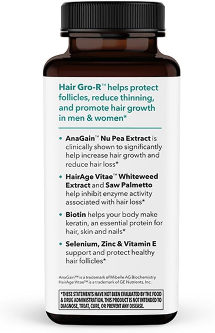 LifeSeasons Hair Gro-R - Support Thickness Growth & Less Thinning - Reduce Hair Loss & Encourage Regrowth - Biotin Zinc Selenium & AnaGain Nu Pea Extract - 60 Capsules