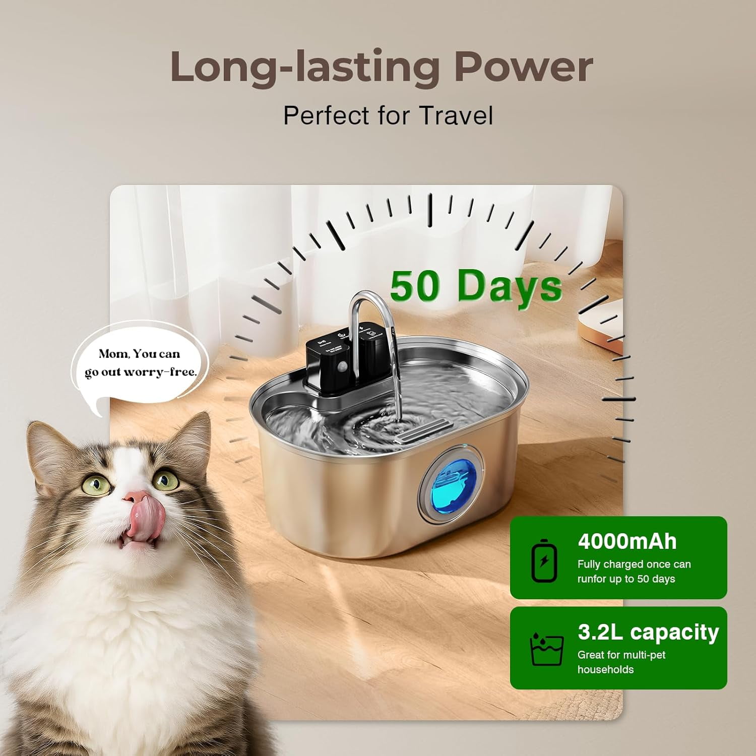 Stainless Steel Cordless Battery Operated Pet Water Fountain, 108oz/3.2L Quiet Pump, BPA-Free with 3 Filters, Easy to Clean for Indoor Cats