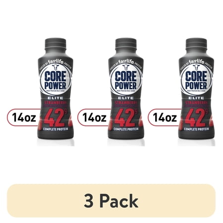 (3 pack) Core Power Elite High Protein Strawberry Protein Shake, Single Serve, 14 fl oz, Bottle
