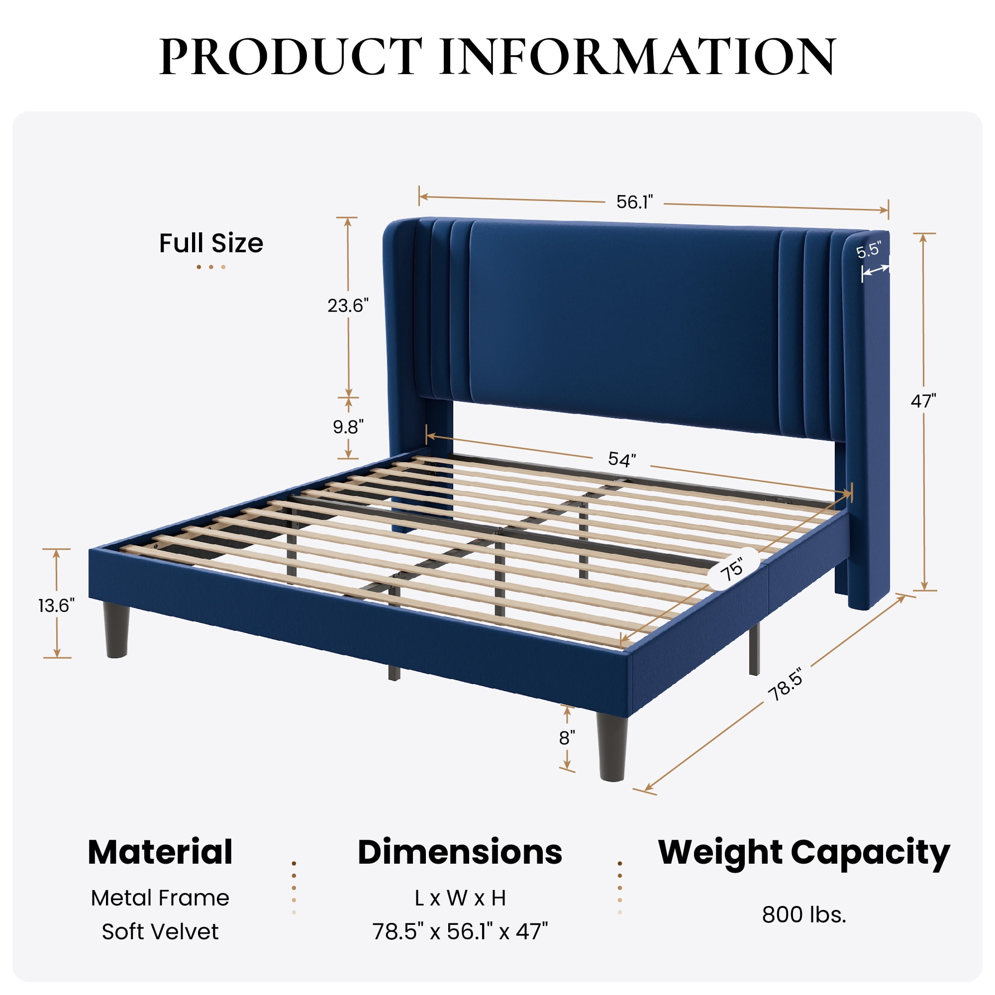 SHA CERLIN Full Size Velvet Upholstered Platform Bed Frame with Vertical Channel Tufted Wingback Headboard, Wooden Slats Support, Easy Assembly, Under Bed Storage, No Box Spring Required, Blue